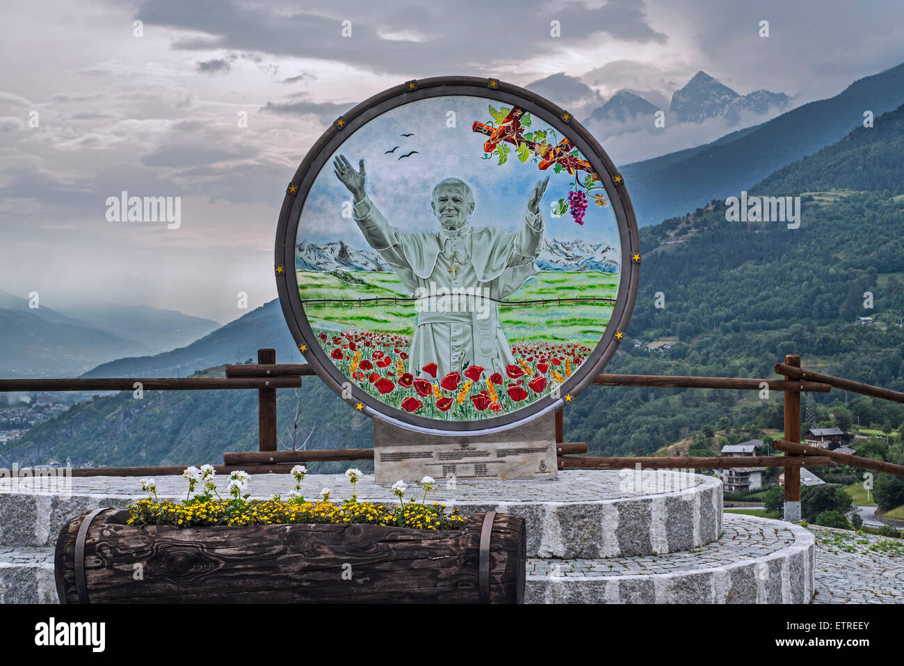 Painted image on glass of Pope John Paul II at Introd in the Aosta Valley, Italy Stock Photo