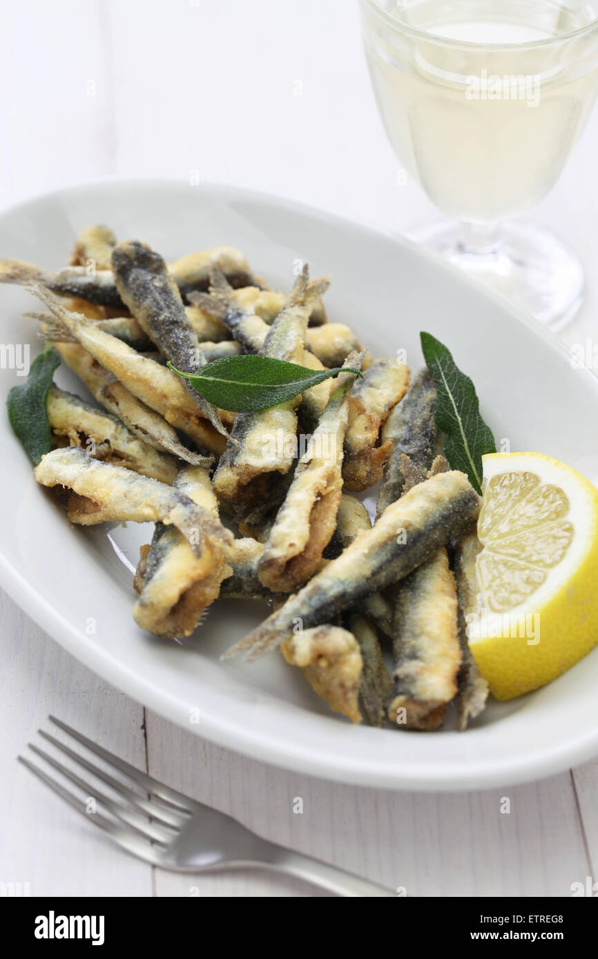 deep fried anchovies, boquerones fritos, acciughe fritte Stock Photo