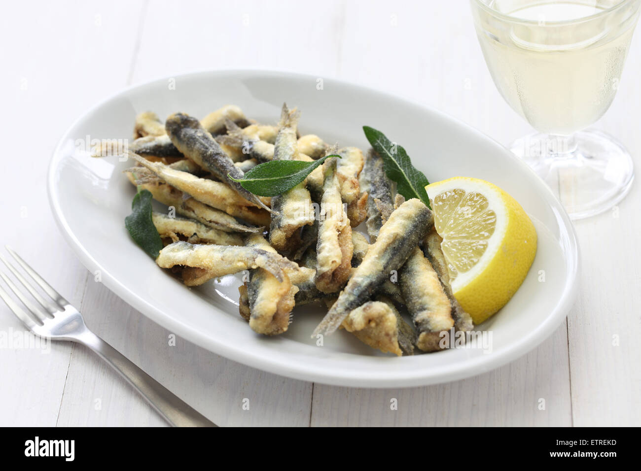 deep fried anchovies, boquerones fritos, acciughe fritte Stock Photo