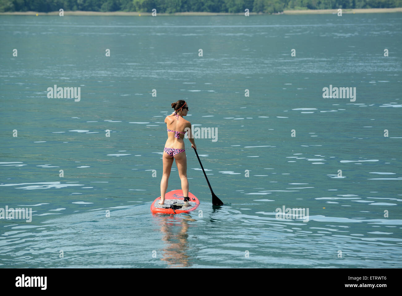 Woman in bikini Stand up paddle surfing or standing paddle boarding on