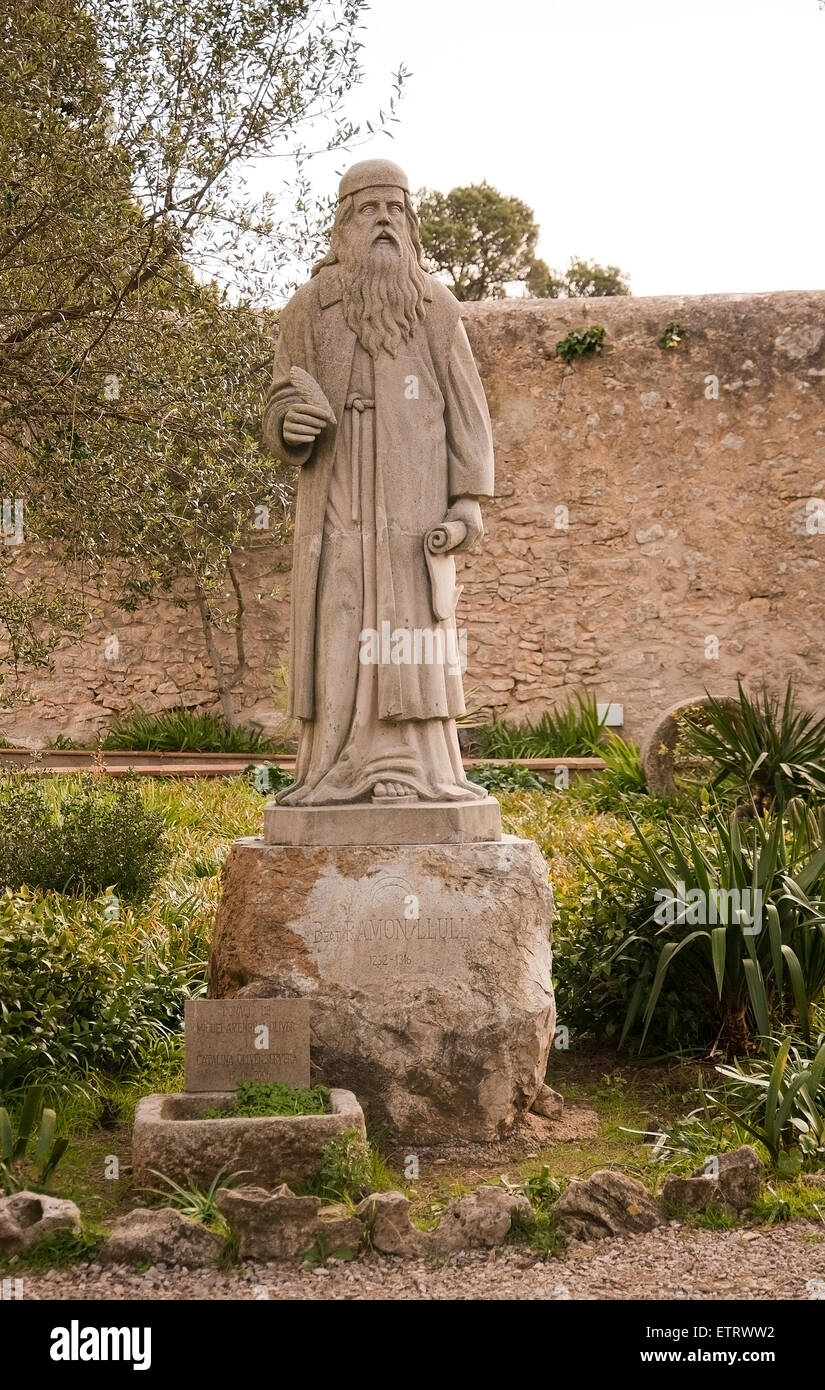 Ramon Llull sculpture in the Cura monastery garden on February 9, 2013 in Randa, Mallorca, Spain. Stock Photo