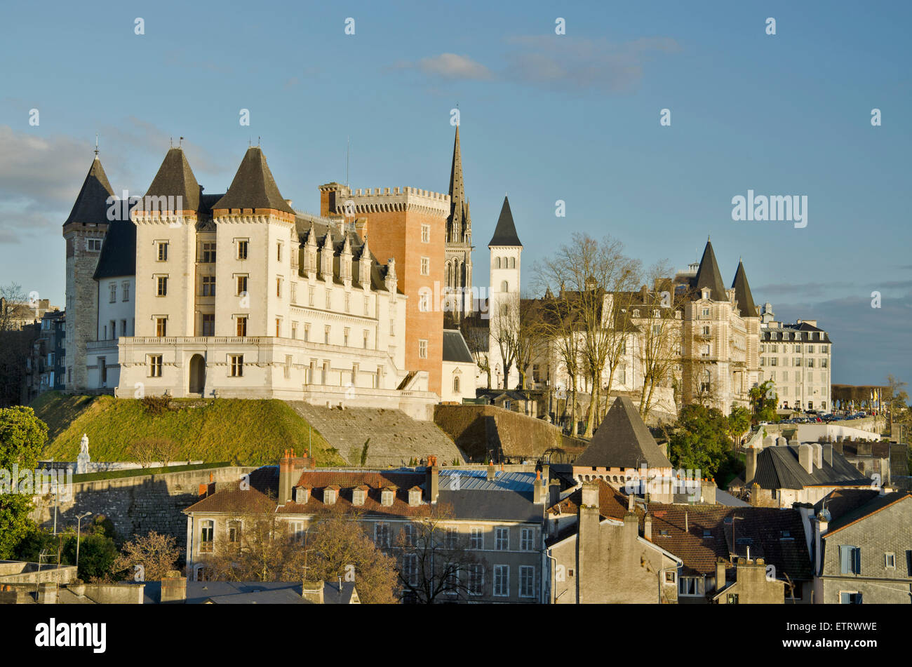 Historical center of Pau, capital of Bearn. Royal castle of the Rey of France Henri IV with Towers of Gaston Febus, followed by Stock Photo