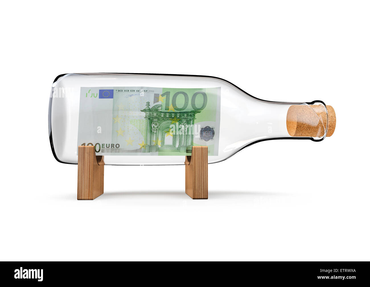 3D render of hundred euro note on display in bottle Stock Photo