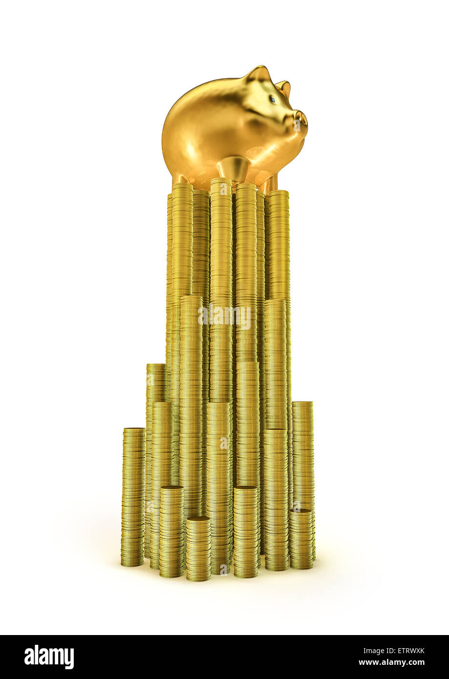 3D render of golden piggy bank on top of coin towers Stock Photo - Alamy