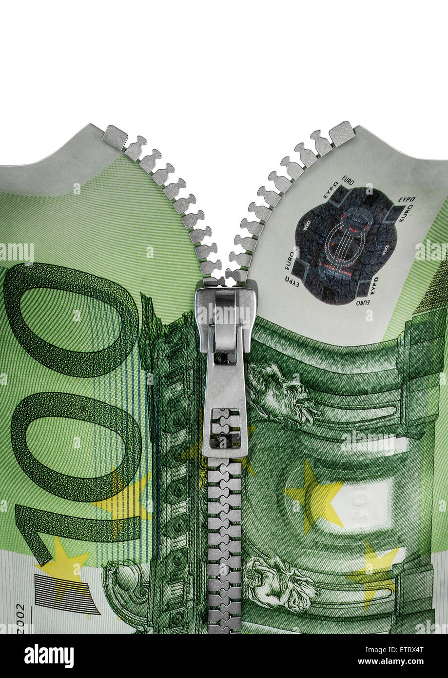 3D render of hundred euro note split with zipper Stock Photo
