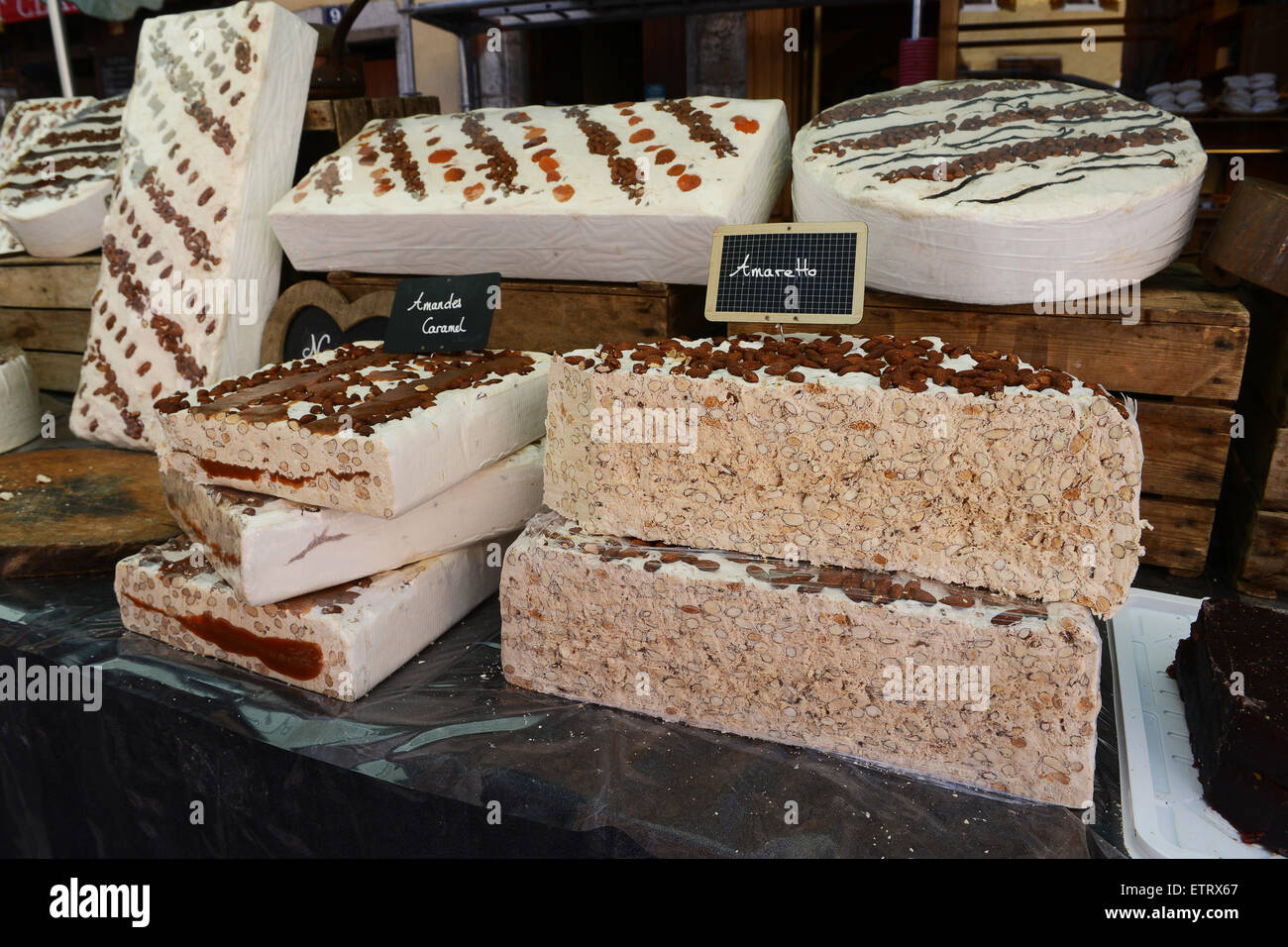 Hand made Nougat on sale at French market in France Stock Photo