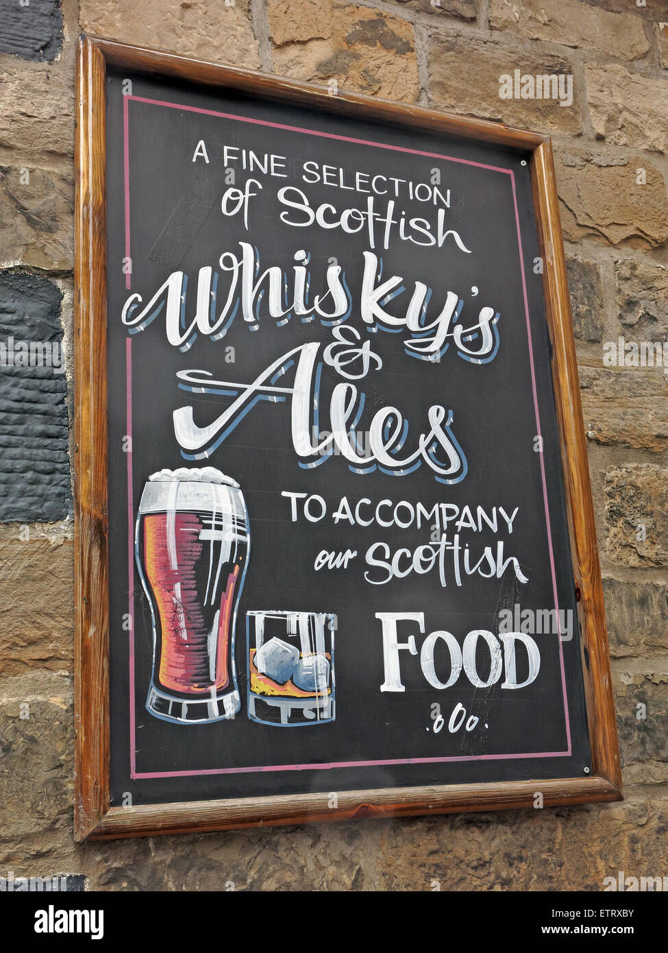 Sign, A fine selection of Scottish Whiskys & ales to accompany our Scottish food Stock Photo