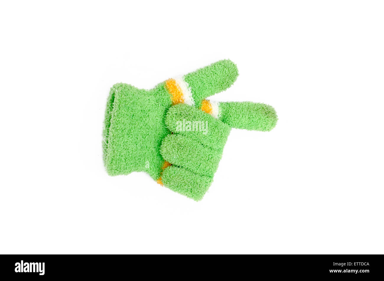 Knitted woolen gloves, winter gloves direction symbol isolated on white background Stock Photo