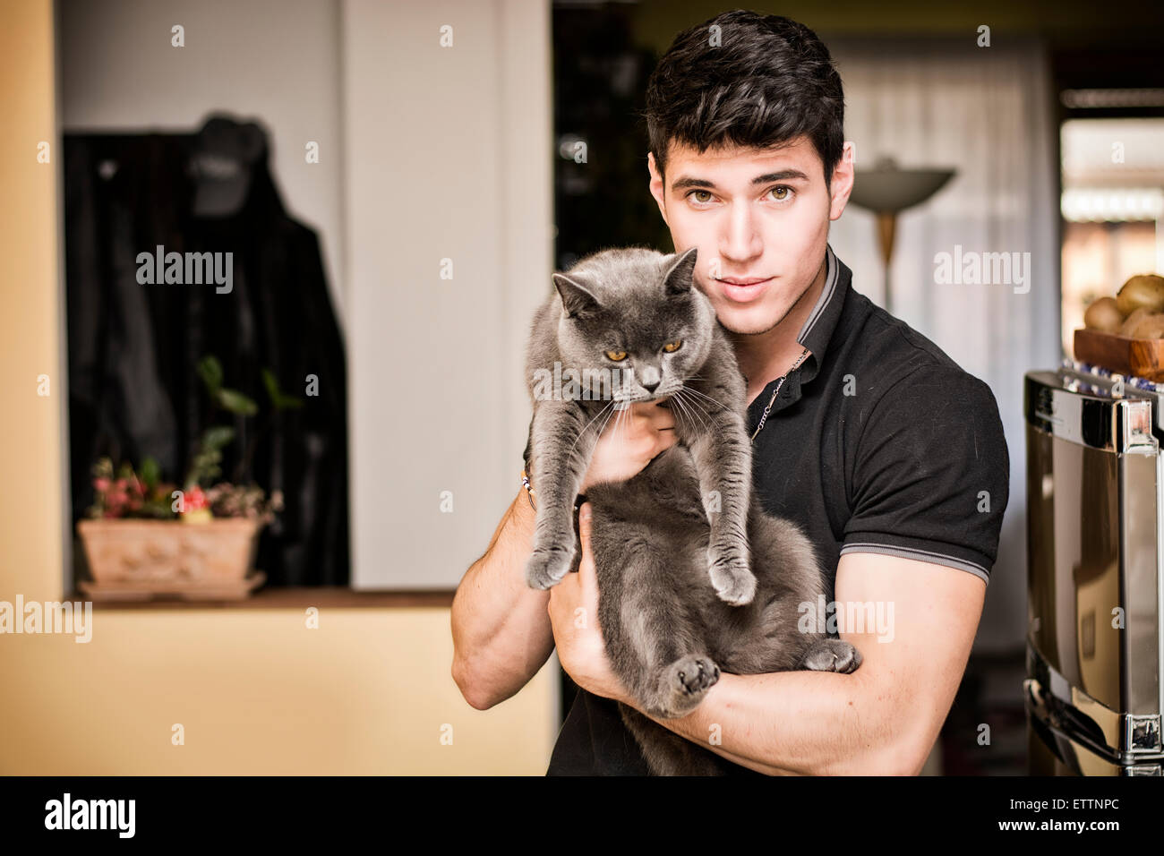Handsome Young Animal-Lover Man Inside the House, Hugging his Gray Domestic Cat Pet. Stock Photo