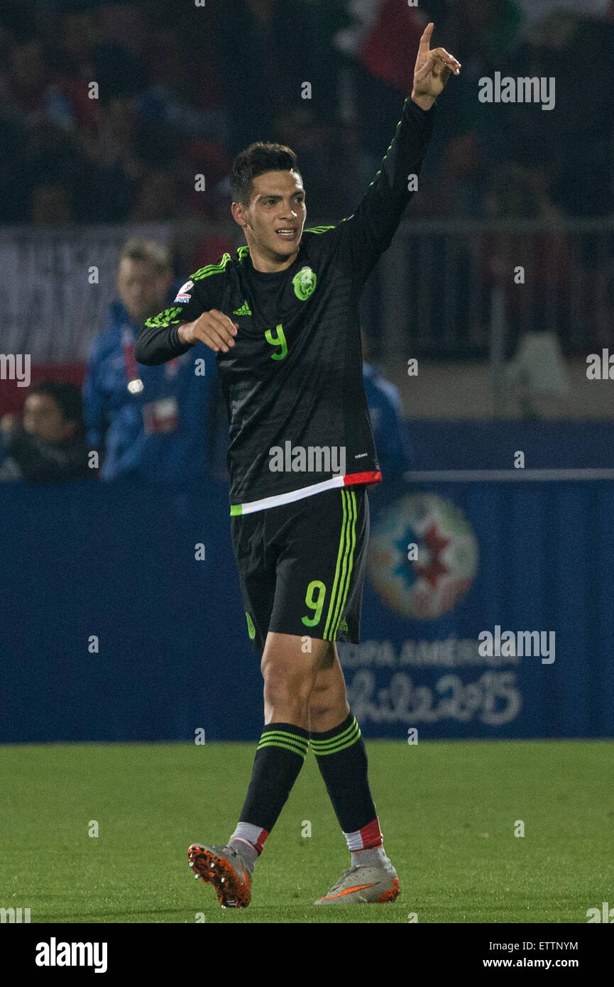 Santiago, Chile. 15th June, 2015. Raul Jimenez of Mexico celebrates sccoring against Chile during the the Group A match of the Copa America 2015, at the National Stadium, in Santiago, Chile, on June 15, 2015. Credit:  Pedro Mera/Xinhua/Alamy Live News Stock Photo
