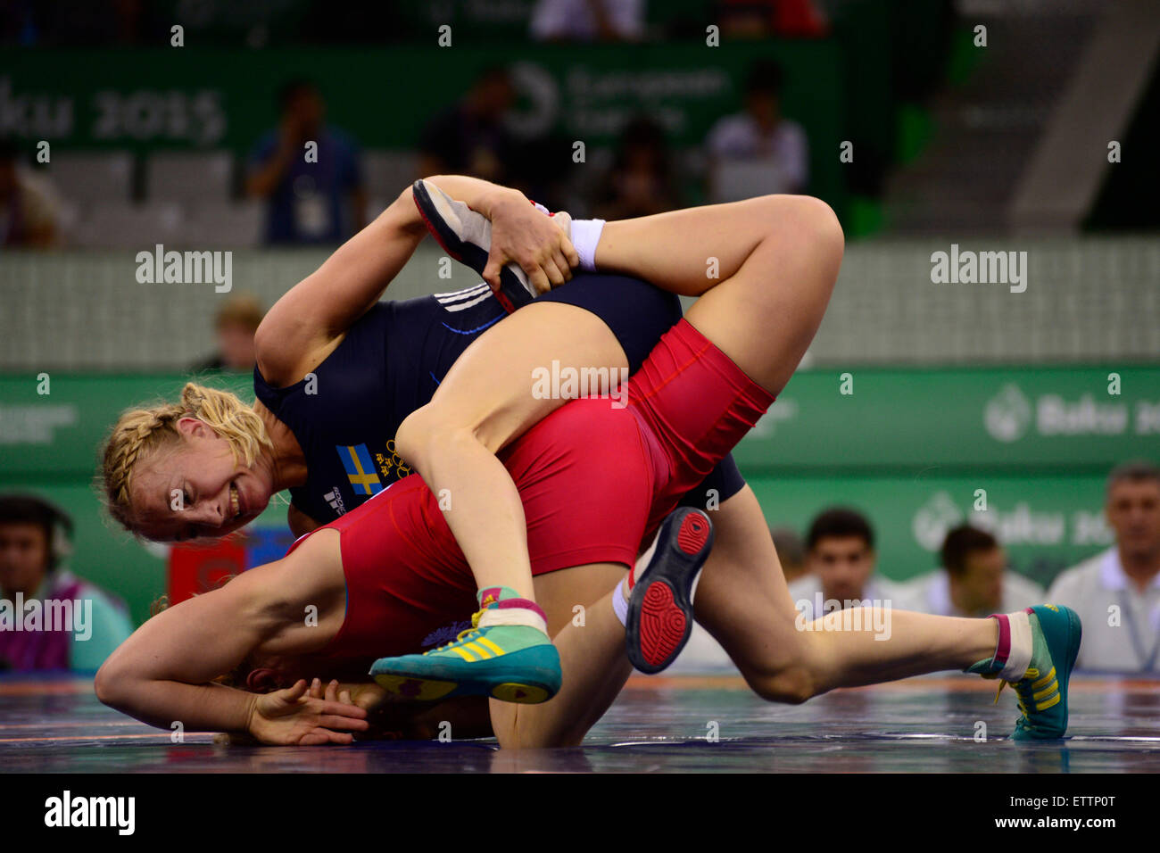 Baku. 15th June, 2015. Mattson Sofia (above) of Sweden competes in the final of women's 55kg wrestling event at the European Games in Azerbaijan's capital of Baku on June 15, 2015. Mattson Sofia won the gold medal. Credit:  Tofik Babayev/Xinhua/Alamy Live News Stock Photo