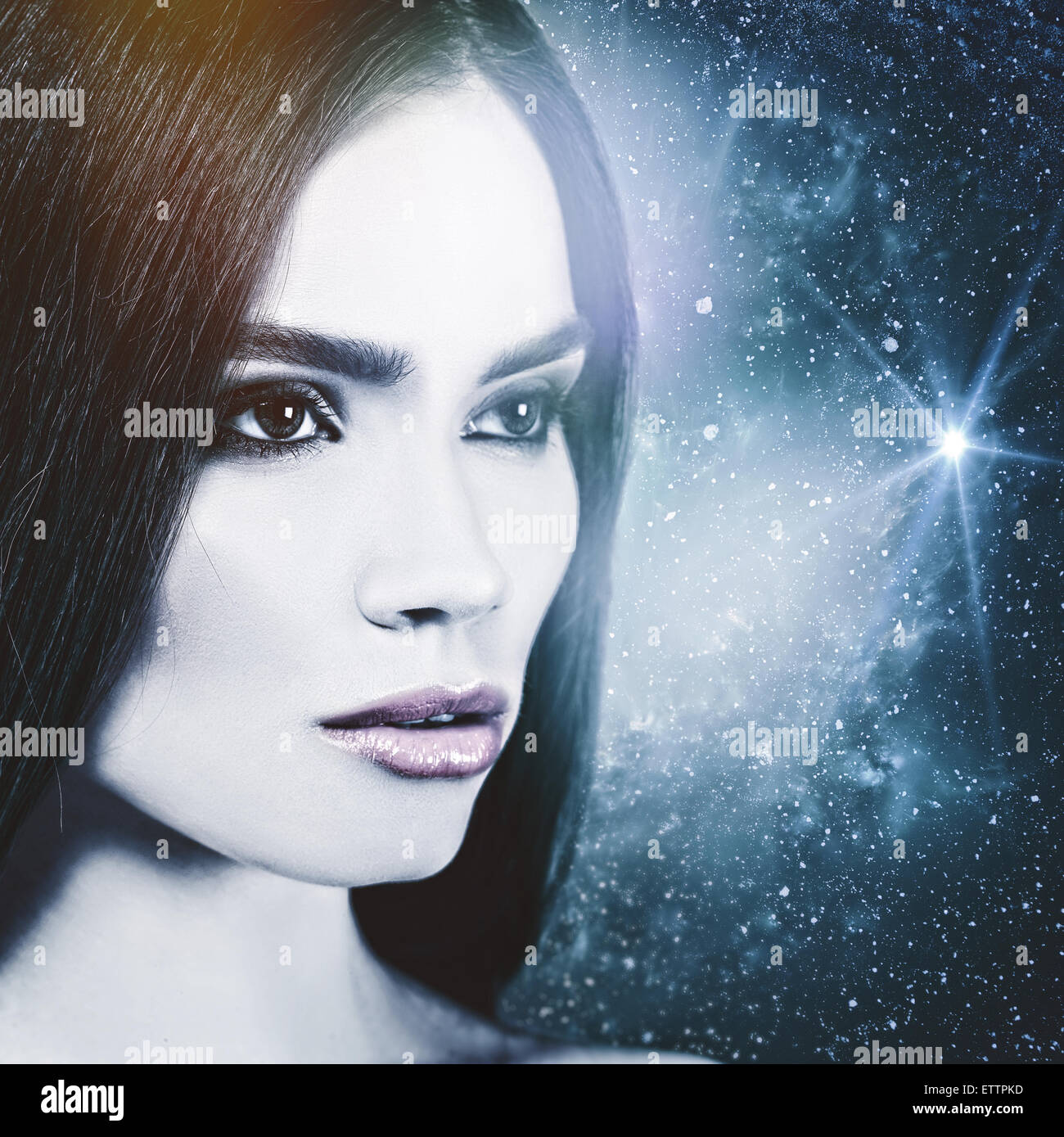 Look to the Universe, female portrait. NASA imagery used Stock Photo