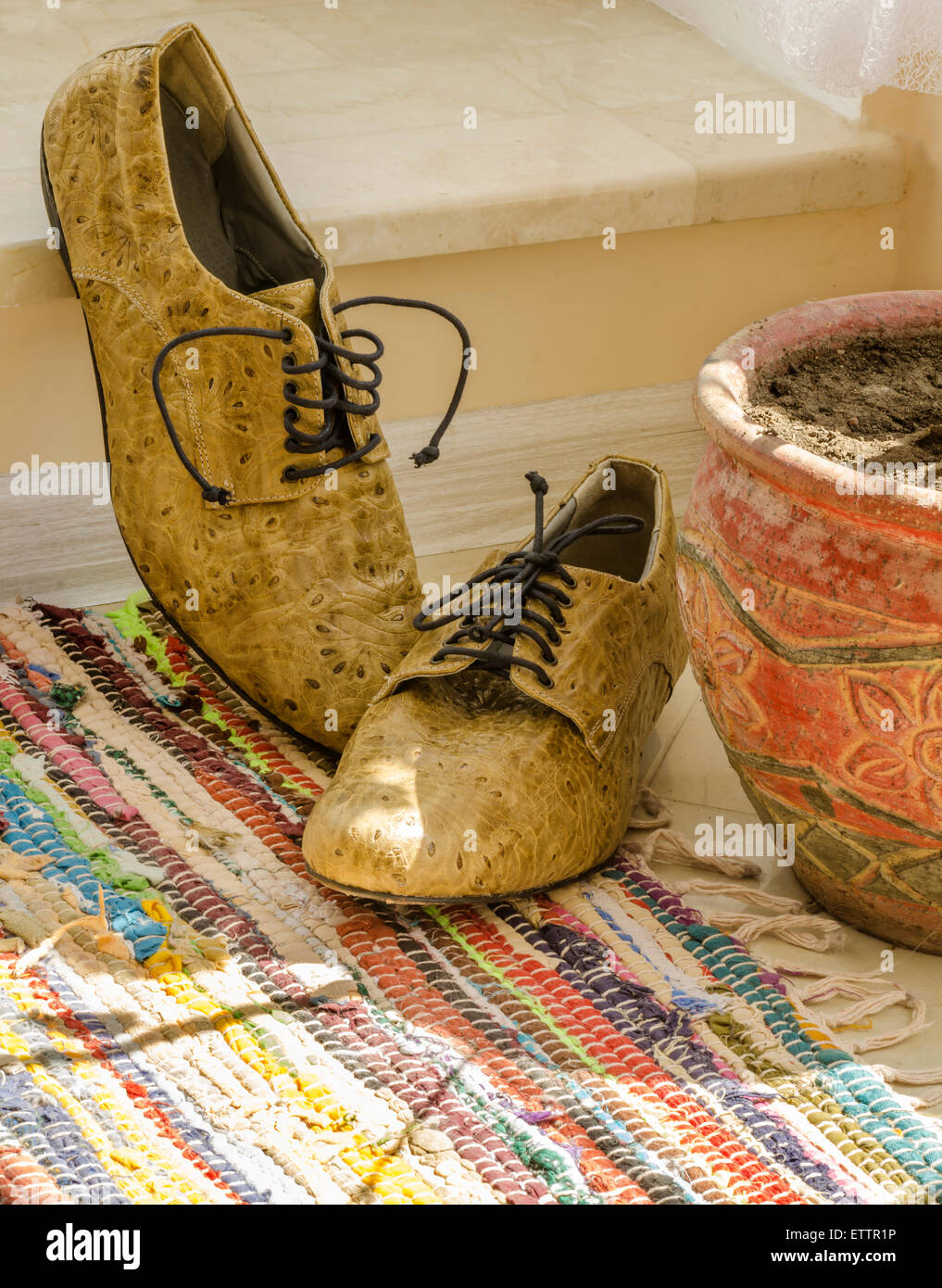 Still life with man shoes, flower pot and woven rug. Rustic style Stock Photo