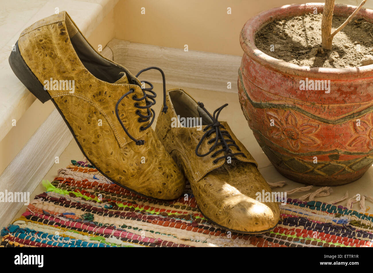 Still life with man shoes, flower pot and woven rug. Rustic style Stock Photo