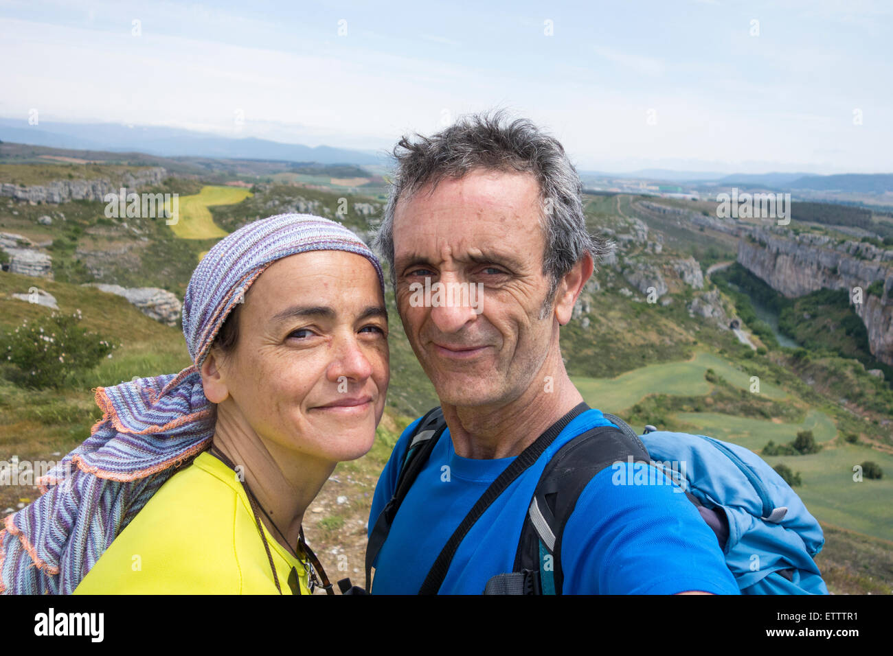 Mature backpacking couple taking selfie. Stock Photo