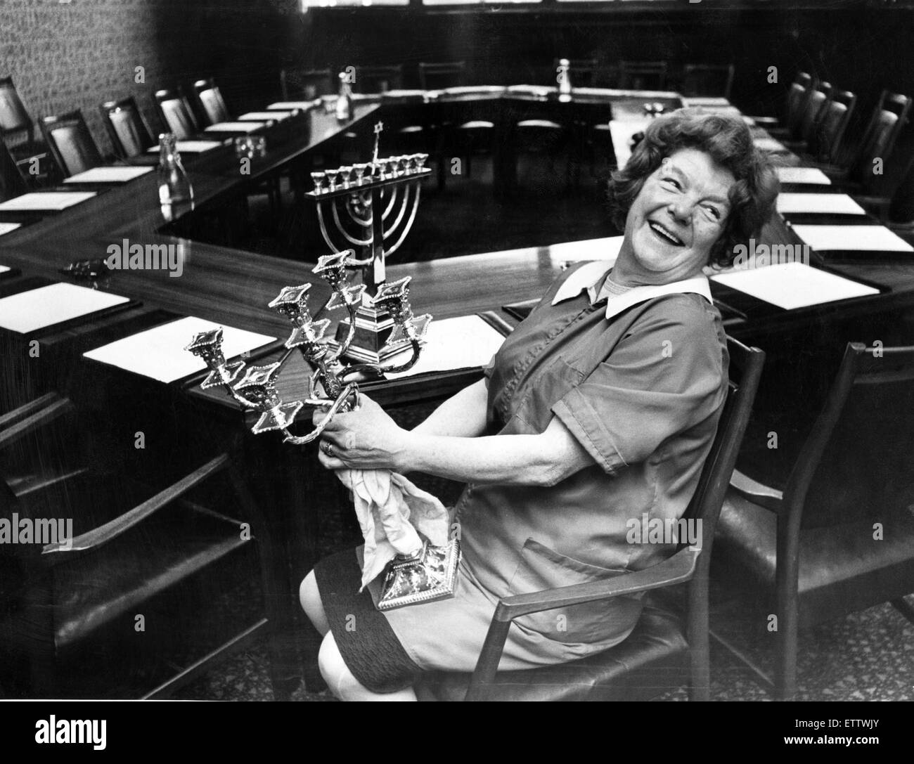 Mrs Sally Beddows - up with the lark in the morning at Bootle Town Hall.  1st December 1972. Stock Photo