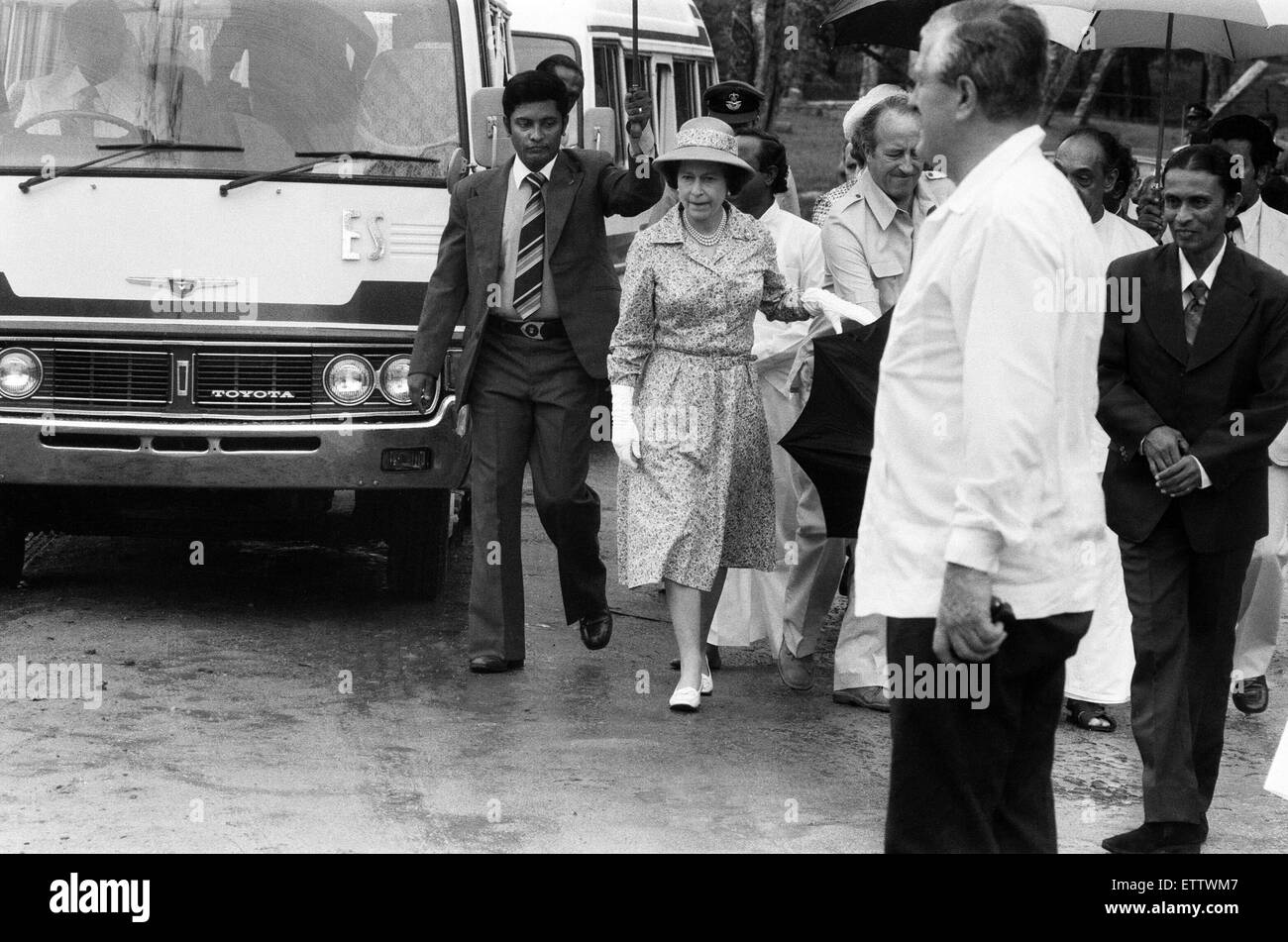 The Queens Royal vist to Sri Lanka 21st-25th October 1981. Her Majesty Queen Elizabeth II visited Sri Lanka twice since independence first in 1953 and then in 1981. The Queen's second visit was to attend the celebrations marking 50 years of universal adult franchise in Sri Lanka. The Victoria Dam under the Mahaweli Diversion Programme was ceremoniously opened by Prime Minister Margaret Thatcher in 1984. Sri Lanka's ties with Britain are multifaceted and cover a wide range of areas. Over a period of time Britain's commercial interests in Sri Lanka have shown a gradual shift from plantations to Stock Photo