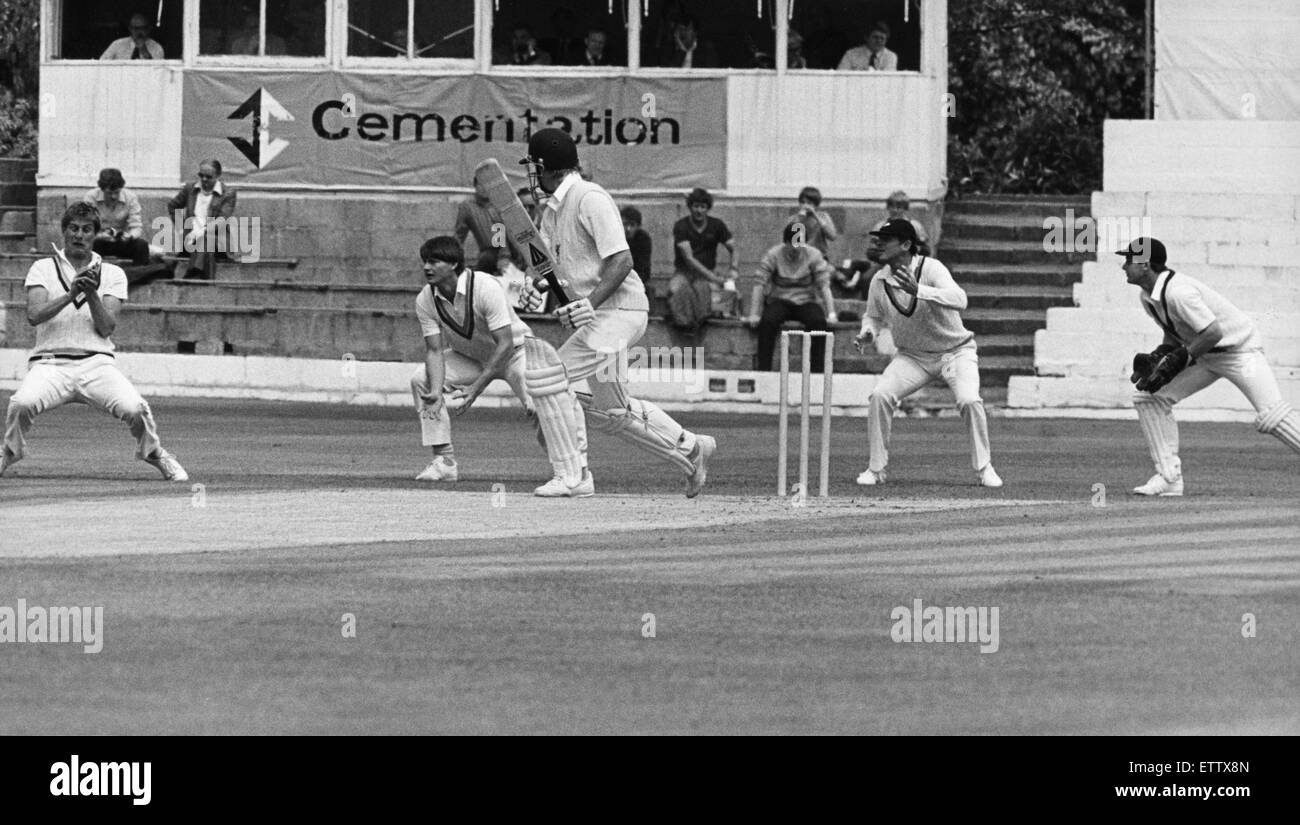 Gotcha! Jimmy Love, left, grasps his safe pair of hands together to catch Somerset batsman Julian Wyatt for 17 in the match against Yorkshire at Acklam Park 4th June 1984 Stock Photo