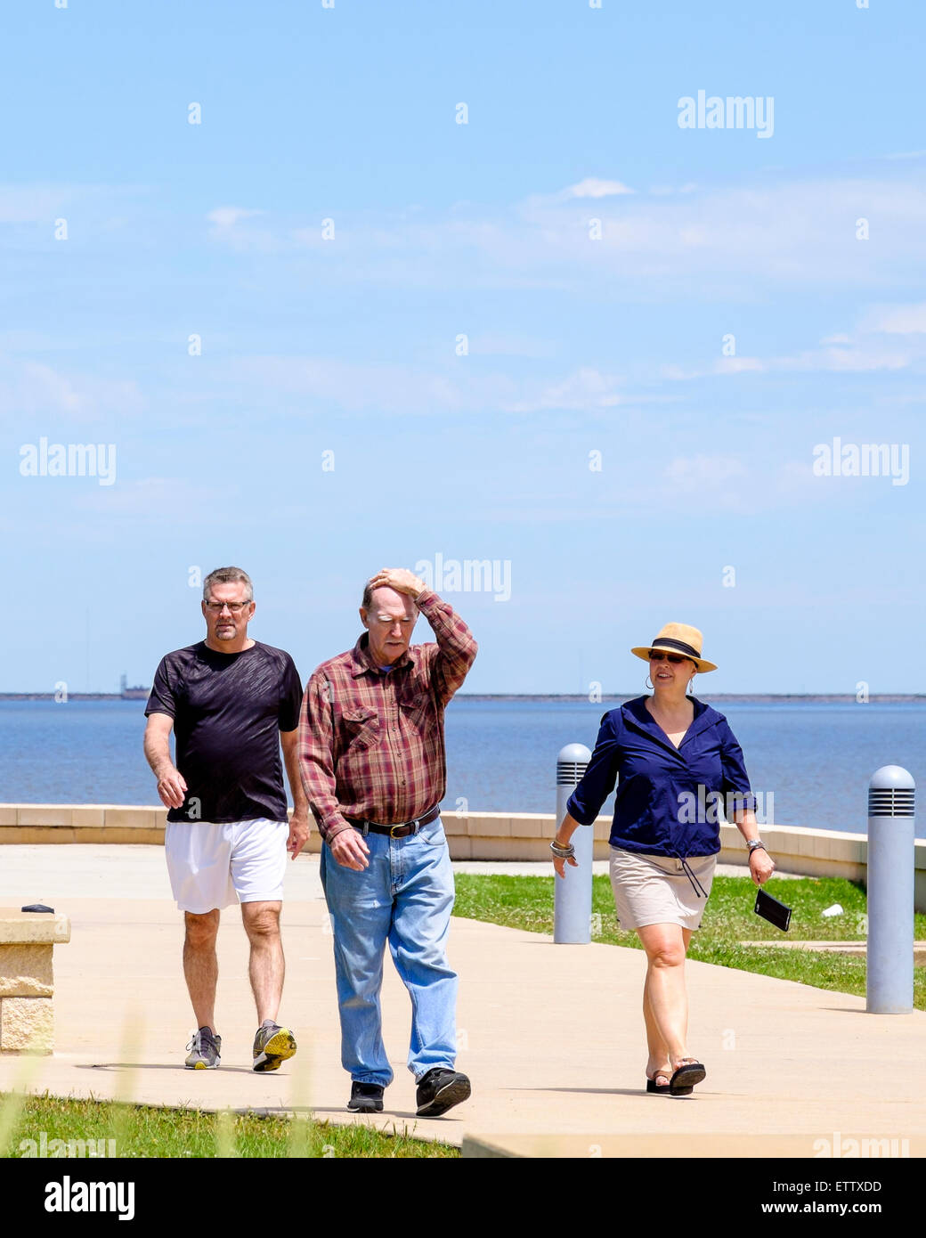 A senior Caucasian man in his 70s protects his bald head from the sun while walking with family. Stock Photo