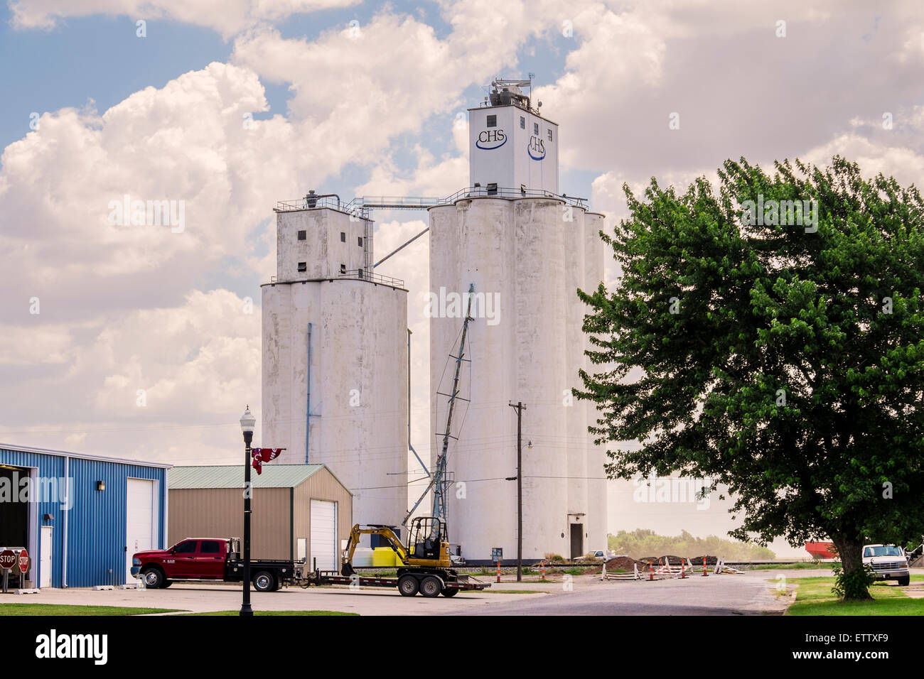 Grain elevators in the rural town of Okarche, Oklahoma, USA. Stock Photo