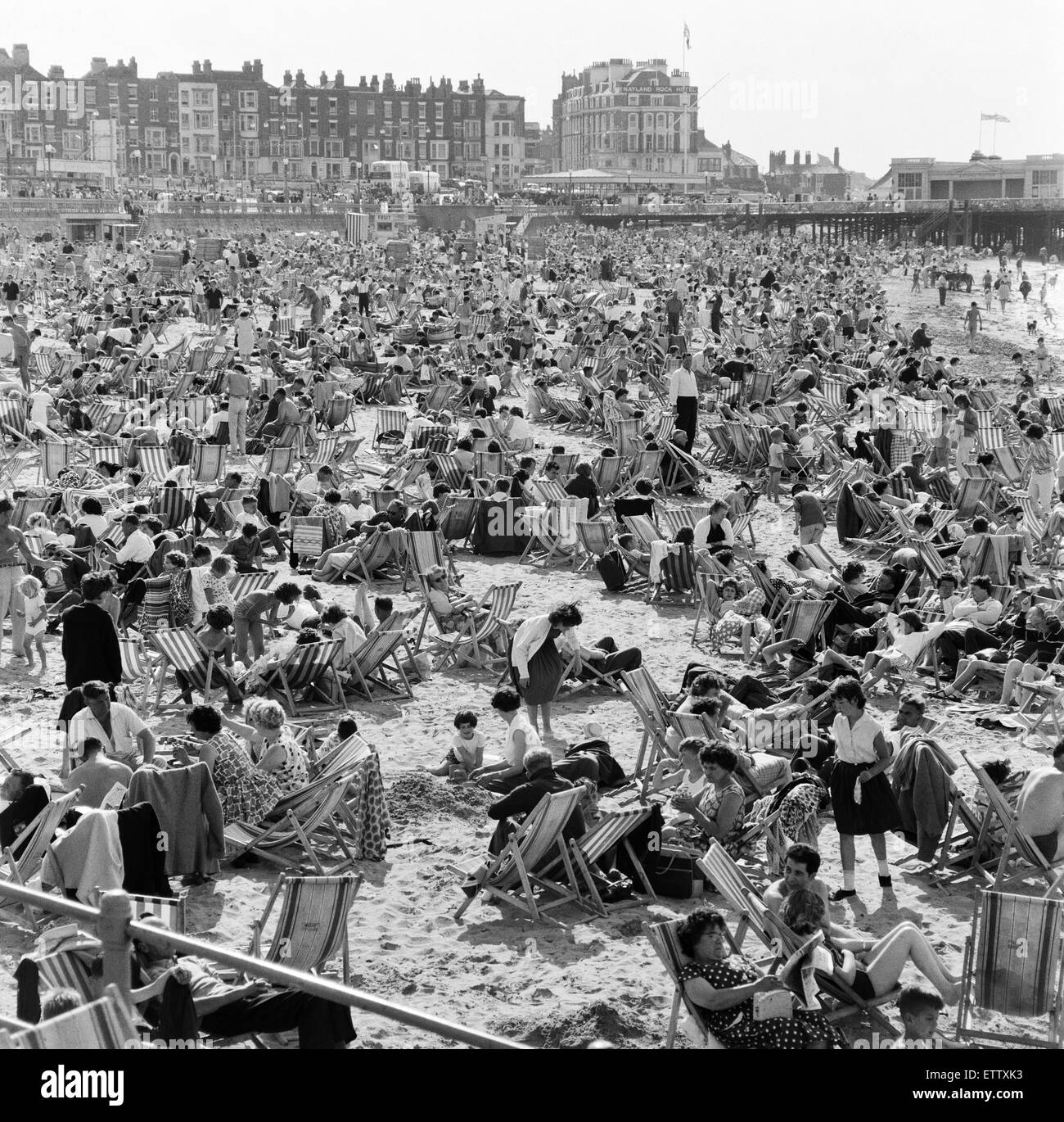 Hot weather scenes on the beach in Margate, Kent, during August Bank Holiday. 5th August 1962. Stock Photo
