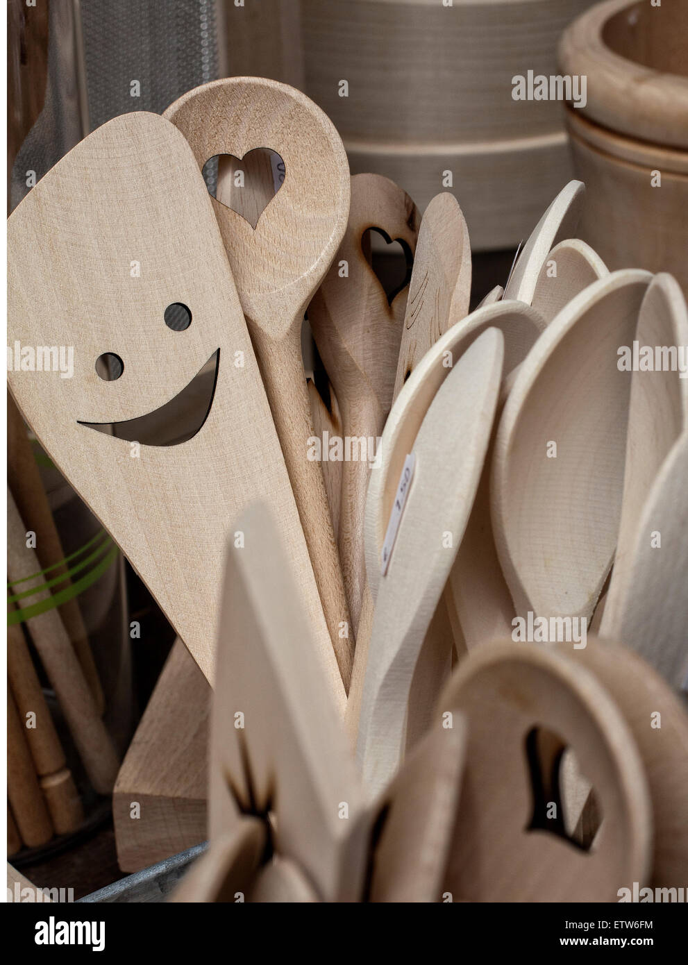 wooden spoons for cuisine in italian market Stock Photo