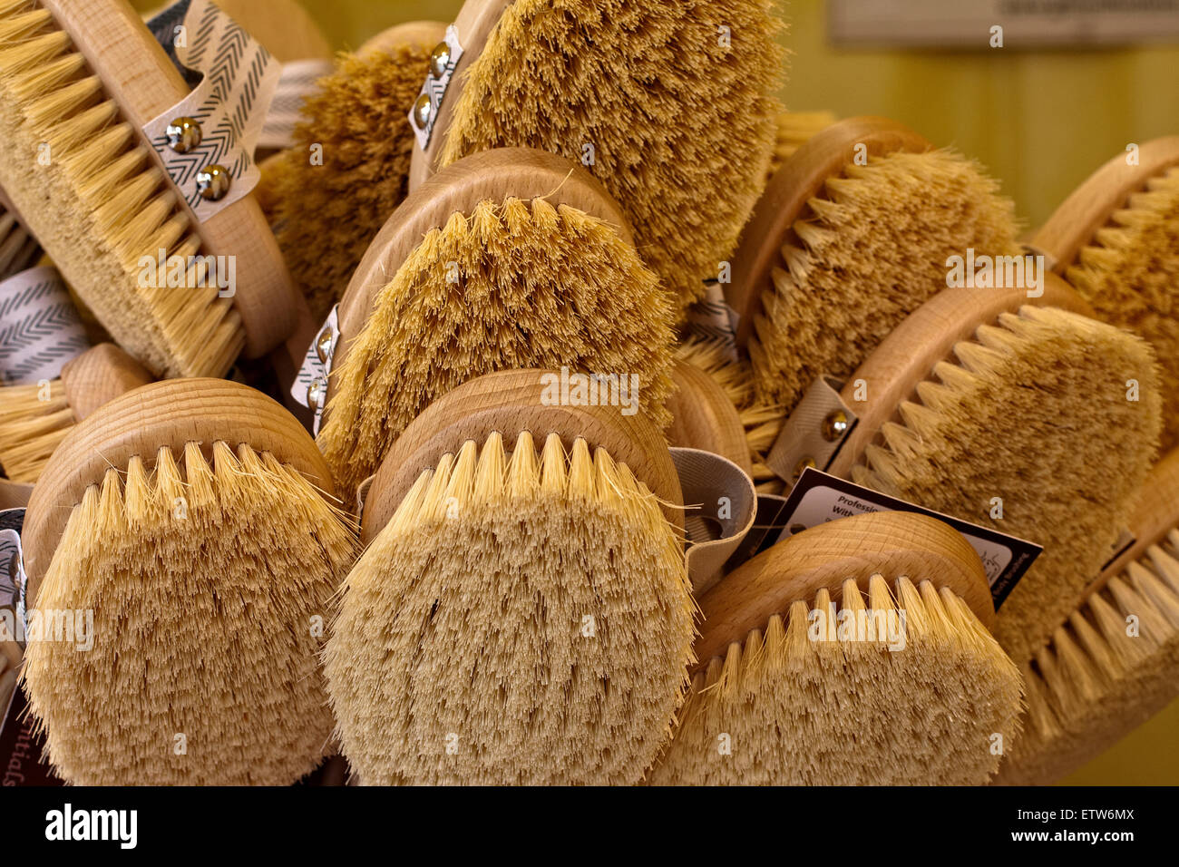 wooden brush with natural fibers ecological market Stock Photo