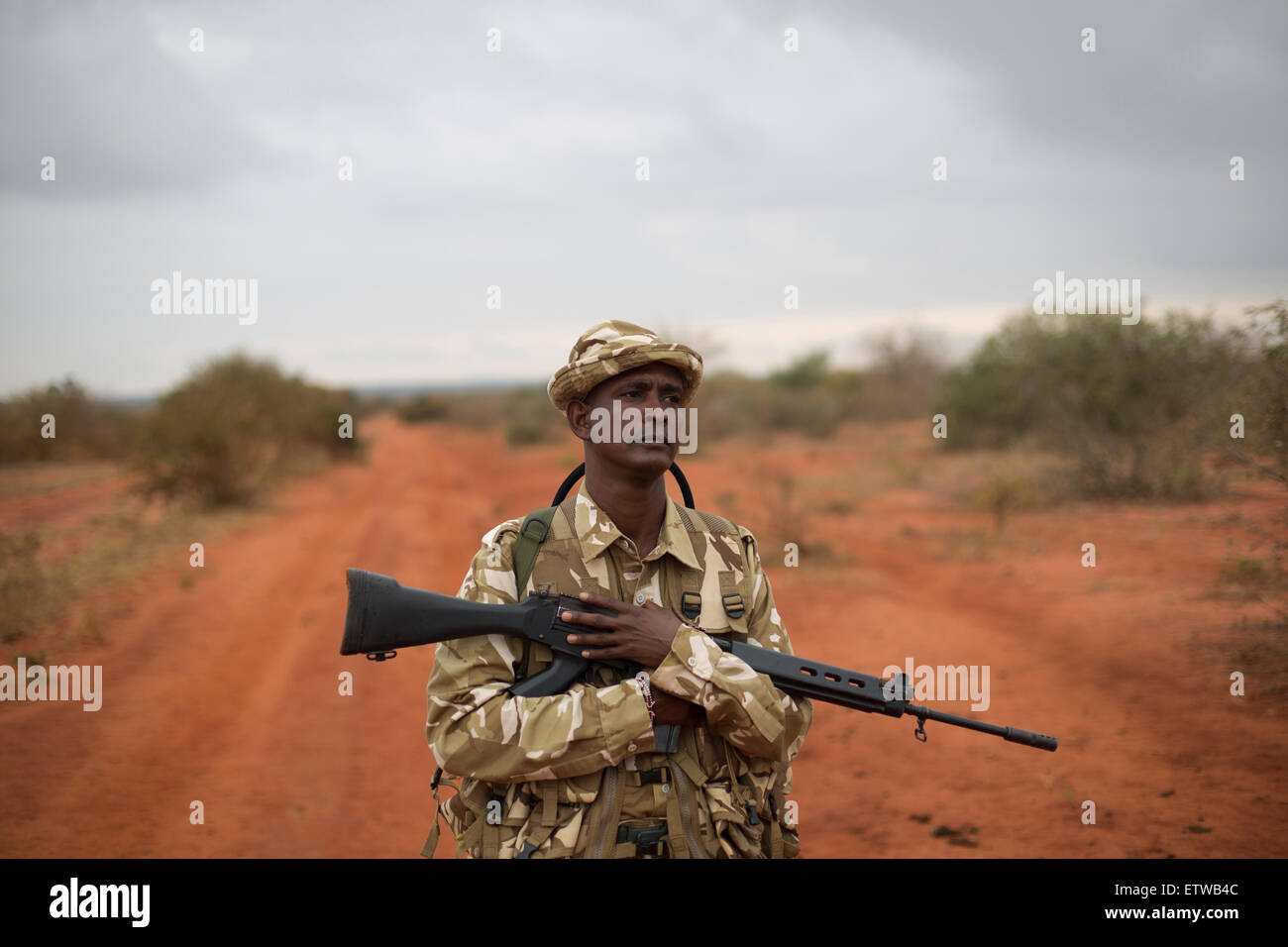 Kenya Wildlife Ranger Nelson Munga from the anti poaching unit during a patrol in Tsavo East game park in Kenya 7 June 2013. PHOTO/KAREL PRINSLOO Stock Photo