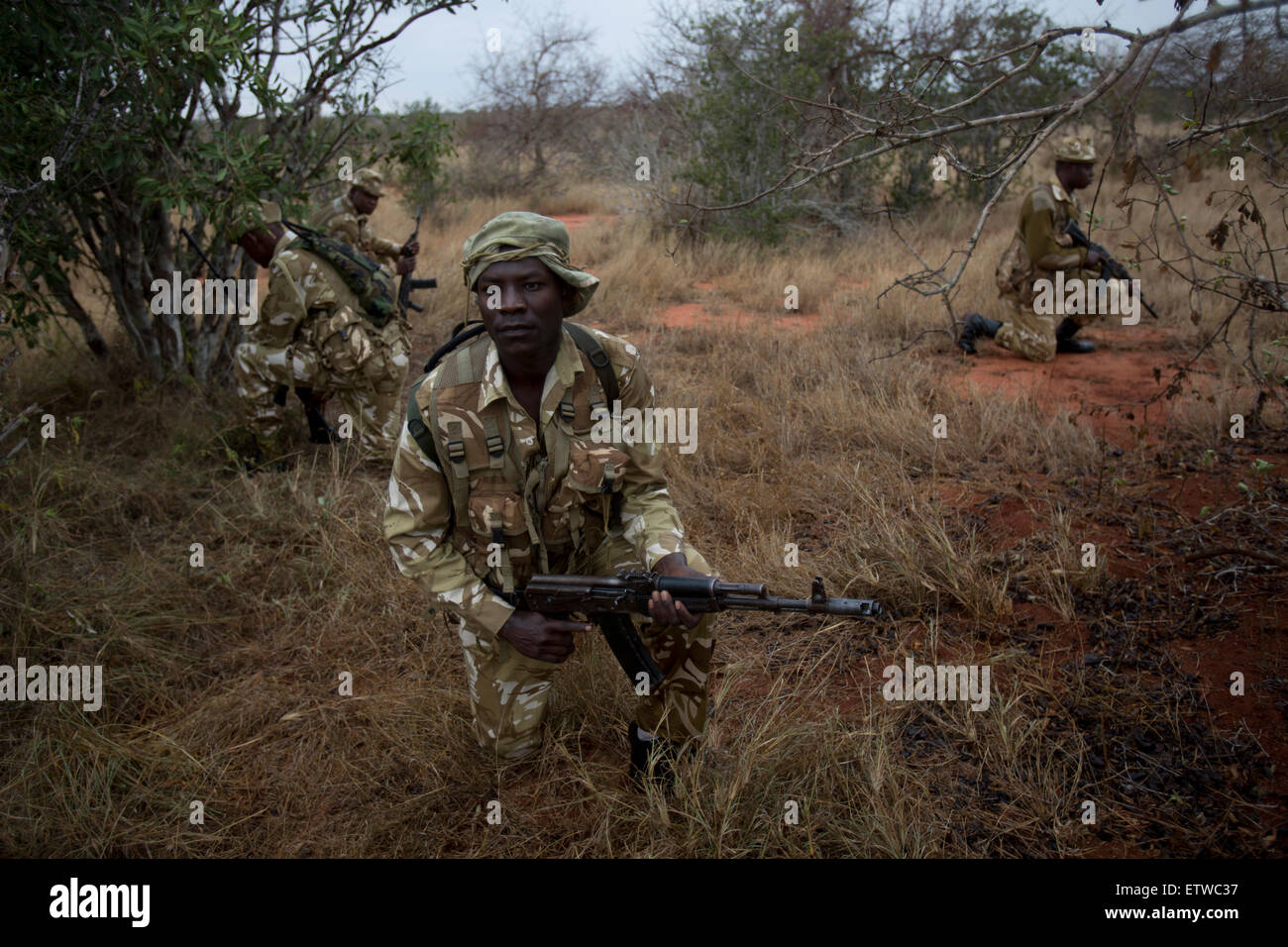 Kenya Wildlife Rangers from the anti poaching unit  during a patrol in the Tsavo East game park in Kenya 9 June 2013. PHOTO/KAREL PRINSLOO Stock Photo