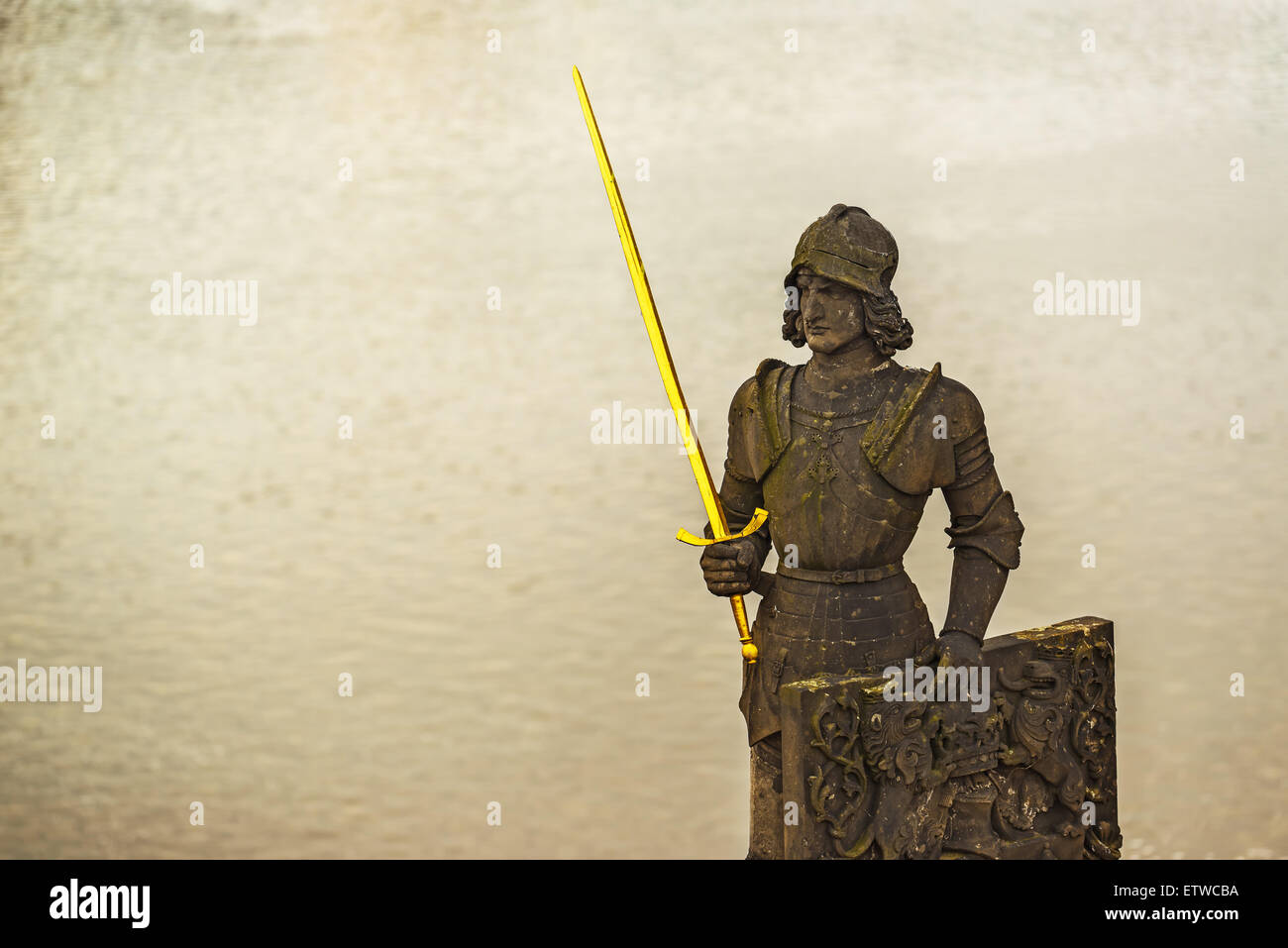 Sculptured Knight Brunswick (Bruncvik) Statue with Godlen Sword on