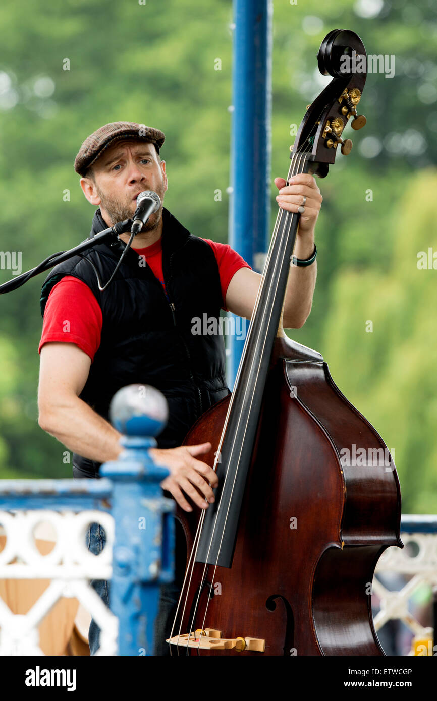 Double bass player of The Folly Brothers performing at the 2015 Leamington Peace Festival Stock Photo