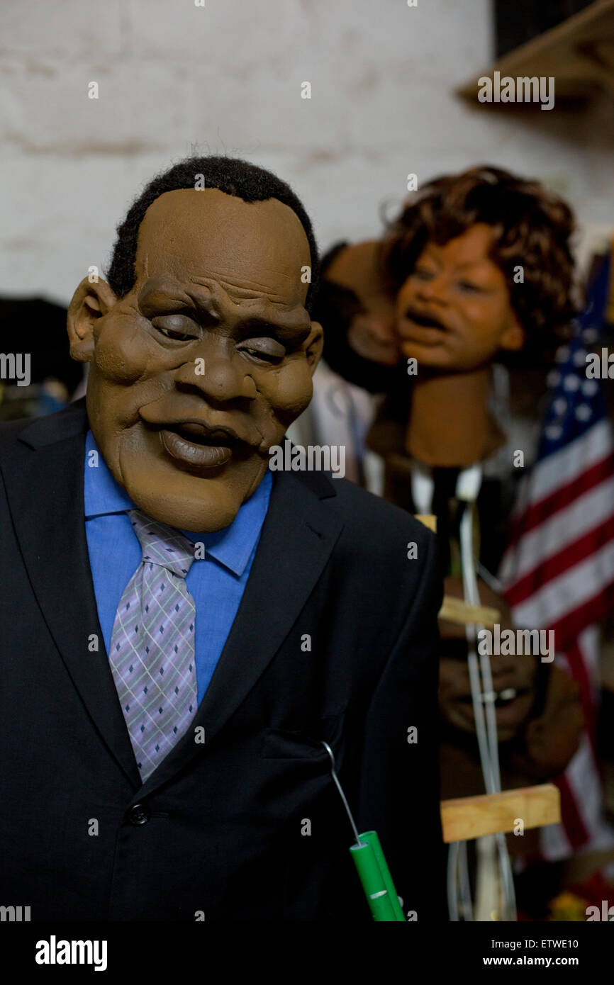 A puppet depicting US President Barack Obama is seen in the wardrobe department at the GoDown Arts Centre , 26 February 2013 where the satirical television program, The XYZ Show is produced. A satirical television program, The XYZ Show comments on current political and social affairs in Kenya through the use of latex puppets resembling prominent figures.On The XYZ Show, national leaders in Kenya are lampooned with the purpose of using humour to address difficult and controversial national issues while promoting transparency in government.  The XYZ Show is modelled after the UKÕs ÒSpitting Imag Stock Photo