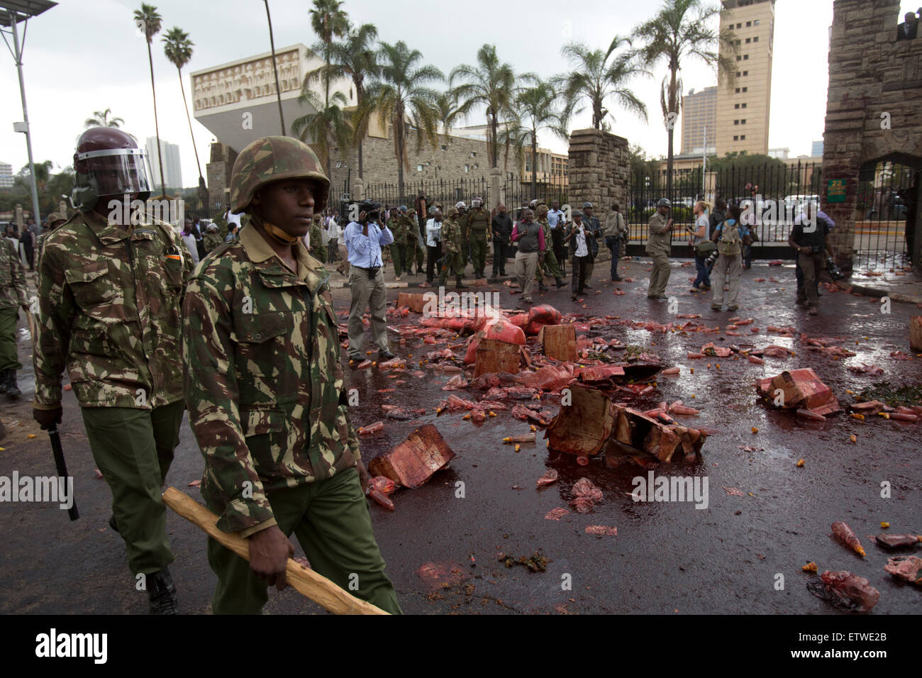 Kenyan police walk outside parliament after protestors covered themselves with animal blood symbolising greed during a protest over Members of Parliaments salaries, 11 June 2013 Kenyan MP's have voted to allow them a pay increase in defiance of proposals to cut pay. Kenyan MP's are already one of the higest paid in the world.The MP's voted  for a monthly salary of about $10,000 (£6,540).KAREL PRINSLOO. Stock Photo