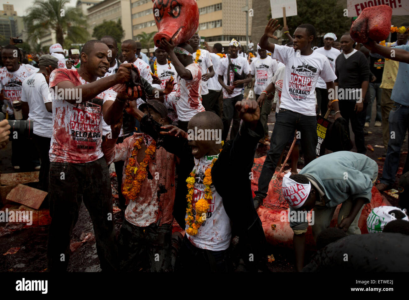 Kenyan protestors cover themselves with animal blood symbolising greed during a protest over Members of Parliaments salaries, 11 June 2013 Kenyan MP's have voted to allow them a pay increase in defiance of proposals to cut pay. Kenyan MP's are already one of the higest paid in the world.The MP's voted  for a monthly salary of about $10,000 (£6,540).KAREL PRINSLOO. Stock Photo