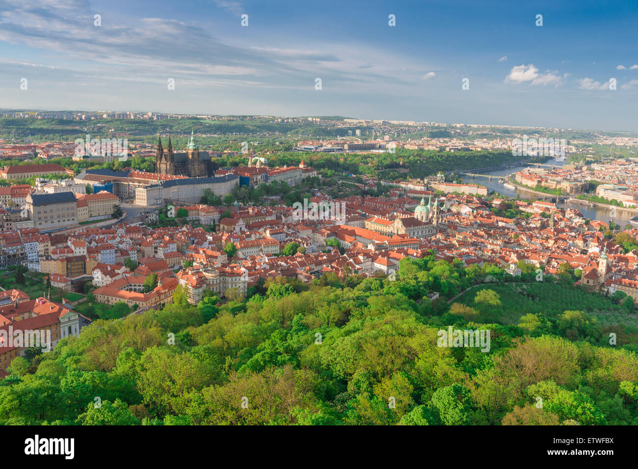 Hradcany Prague, view of the Hradcany district in Prague from the heights of the city's largest park - the Petrin, Czech Republic. Stock Photo