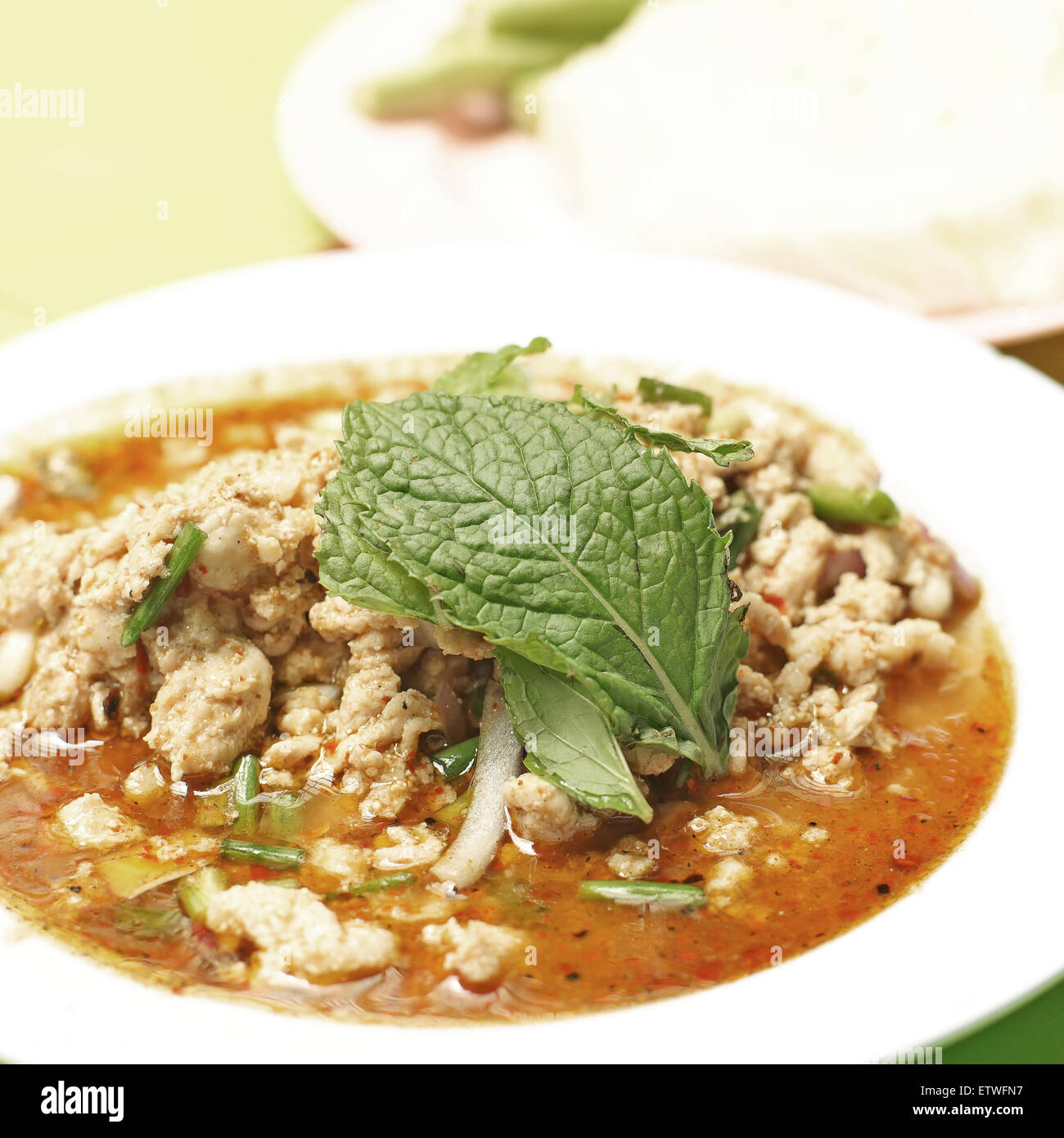 famous thai food, minced meat spicy salad Stock Photo