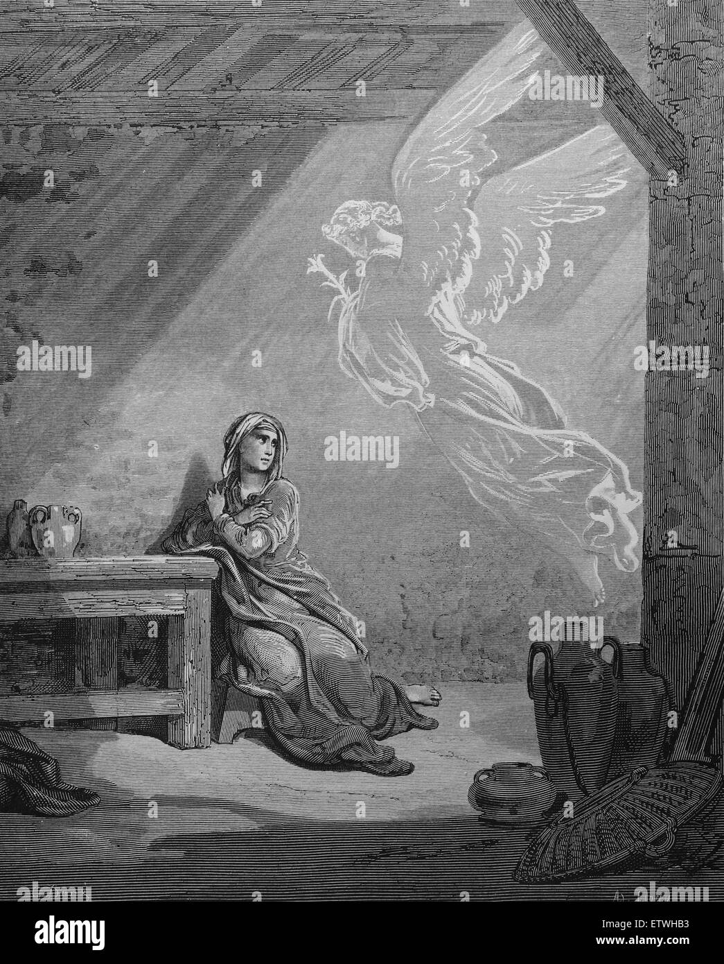 New Testament. The Annunciation. Luke 1:30. Engraving by Gustave Dore. 19th century. Stock Photo