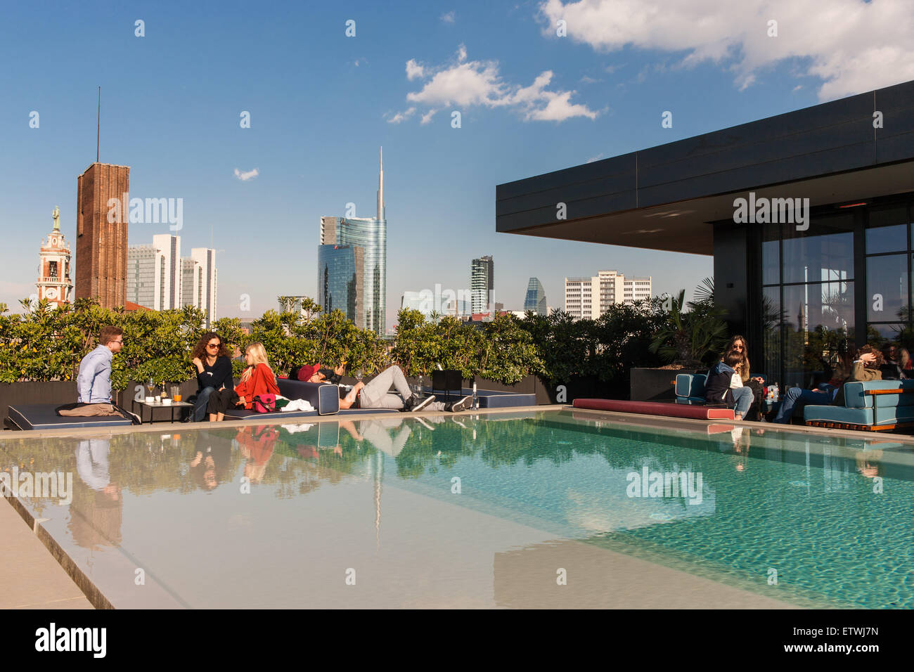 Milano, the view of the skyline of Porta Nuova from the terrace restaurant Ceresio 7, Expo Stock Photo