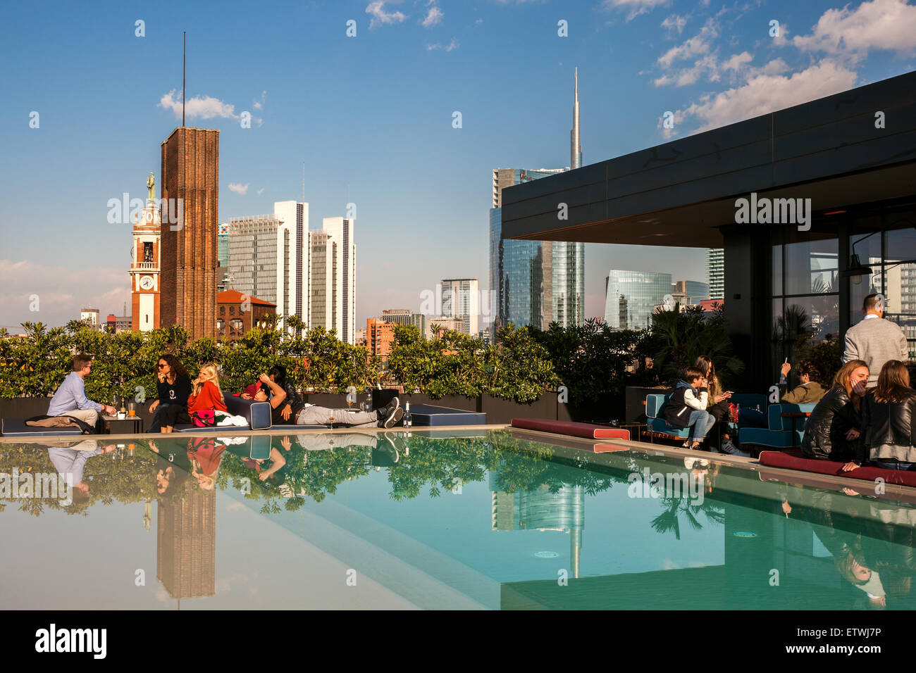 Milan, the view of the skyline of Porta Nuova from the terrace restaurant Ceresio 7, Expo Stock Photo