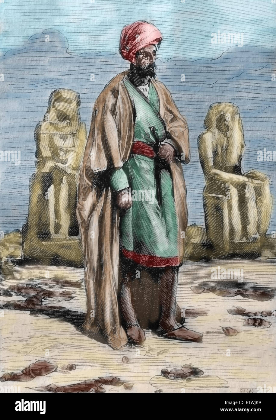 Ibn Battuta (1304-1369). Moroccan explorer. Ibn Battuta in Egypt. Illustration by Leon Benett from book by Jules Verne, 1878. Stock Photo