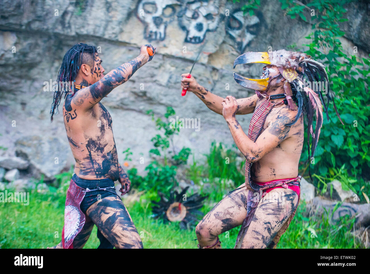 Two Native Americans in a machete fight during the festival of Valle del Maiz in San Miguel de