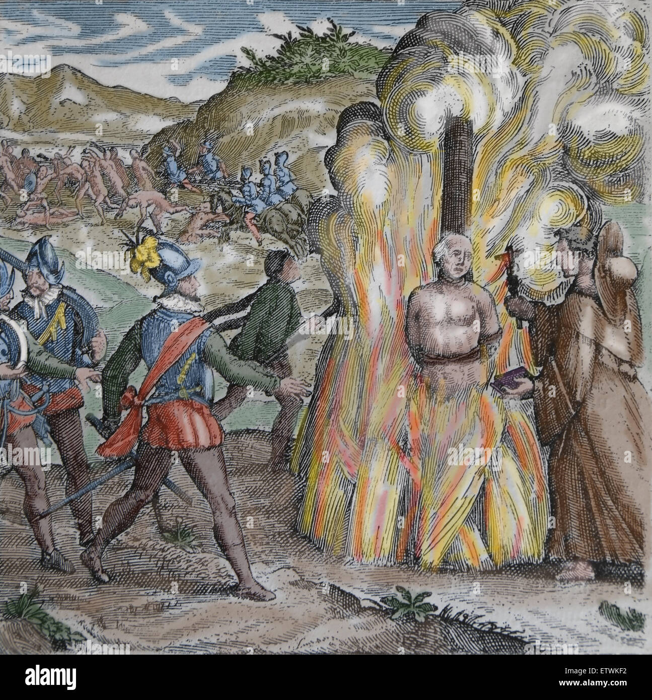 Bartolome de las Casas, Destruction of the Indies. Taino chief Hatuey being burnt by Spanish soldiers. Color. Engraving. Stock Photo