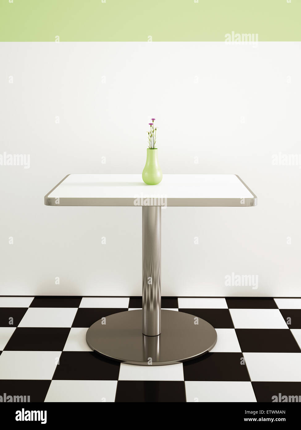 Table with flower vase in an American Diner, 3D Rendering Stock Photo