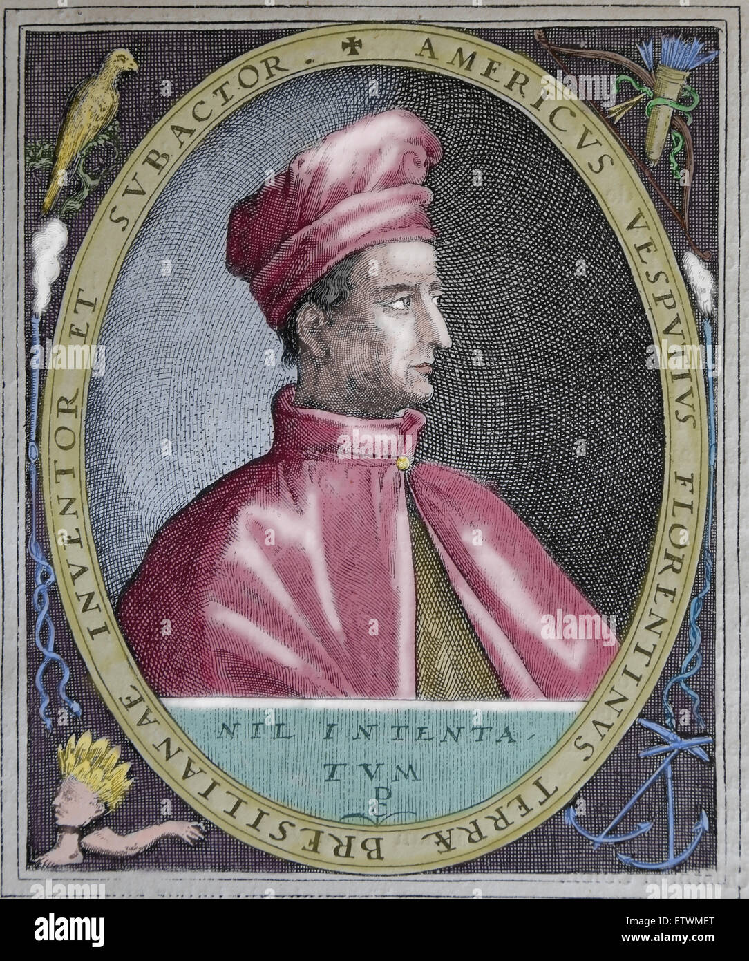 Amerigo Vespucci (1454-1512). Italian explorer, financier, navigator and cartographer. Portrait. Color. Stock Photo