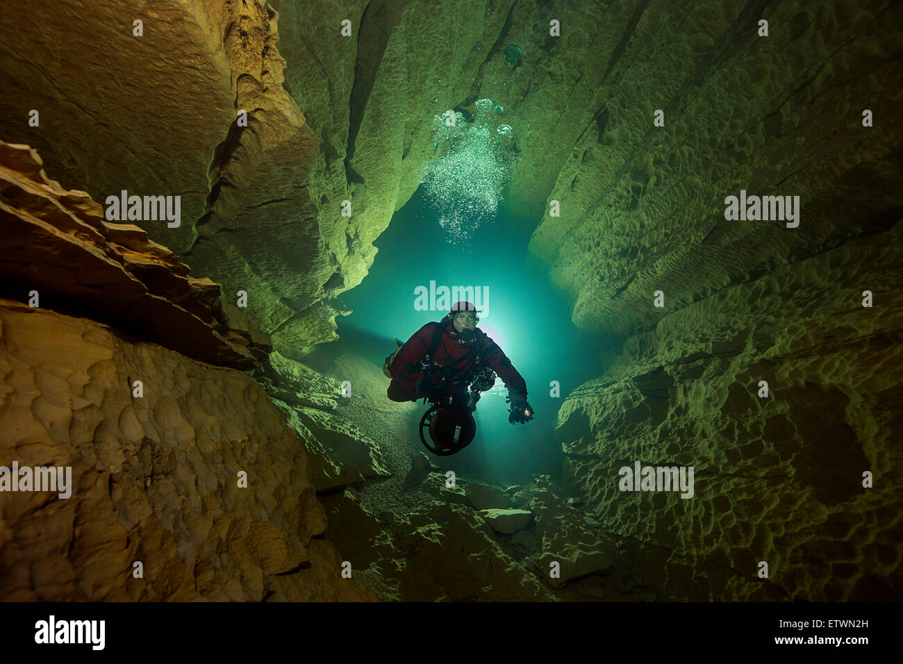 France, Lot, cave diver in the Emergence du Ressel Stock Photo