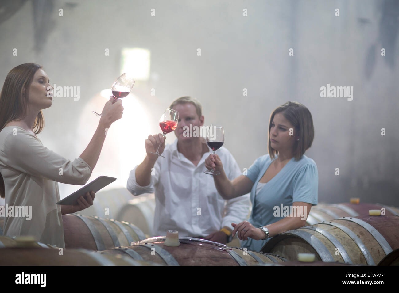 Three people tasting wine in cellar Stock Photo - Alamy