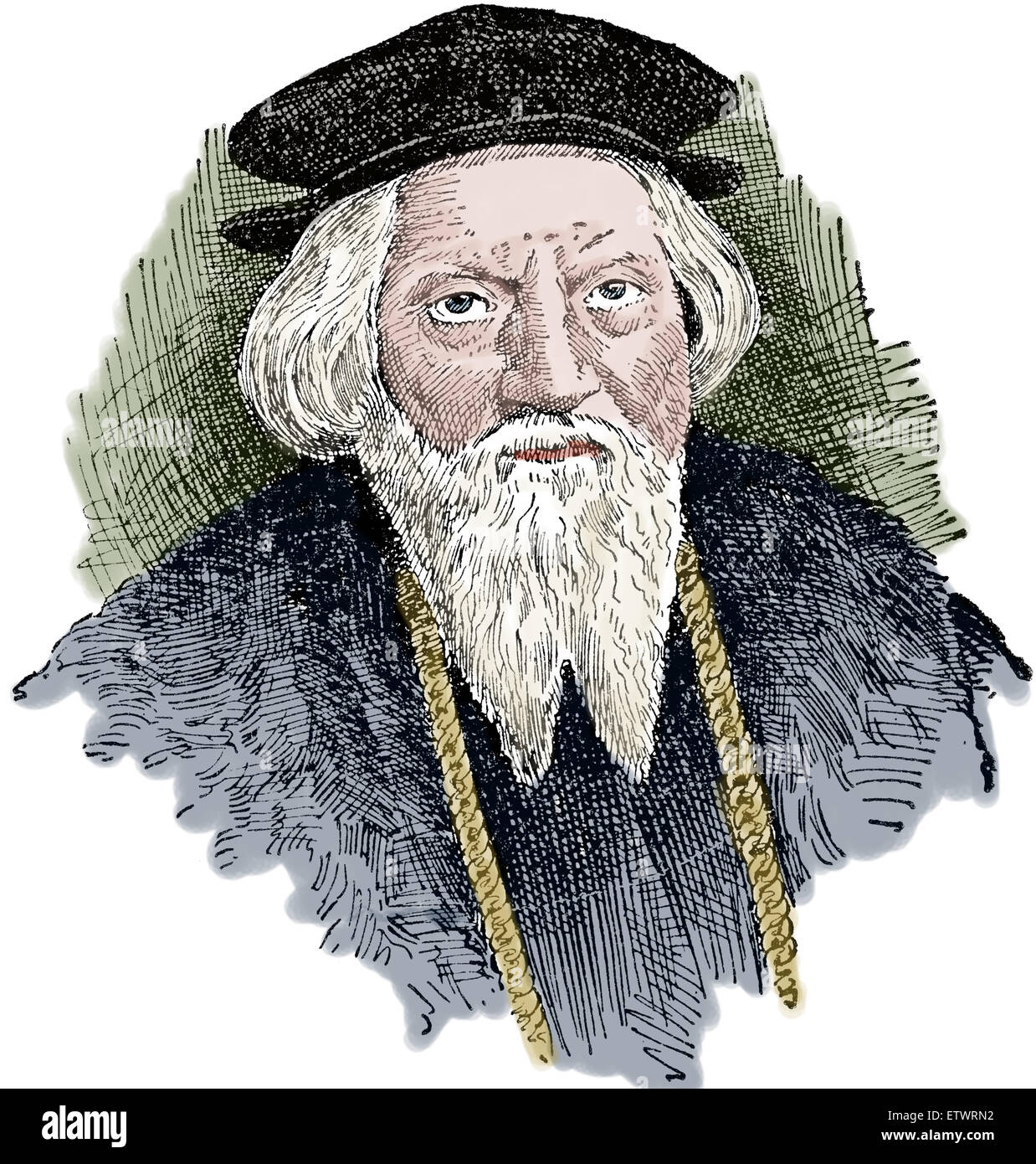Sebastian Cabot (1474-1557). Italian explorer. Portrait. Engraving. Later colouration. Stock Photo