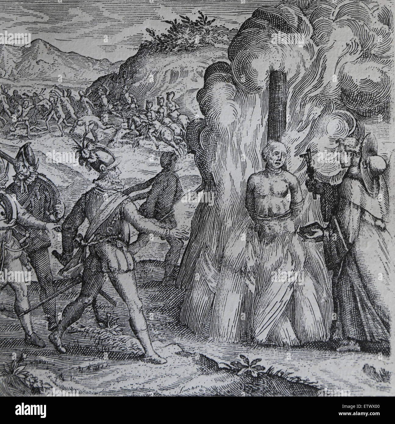 Bartolome de las Casas, Destruction of the Indies. Taino chief Hatuey being burnt by Spanish soldiers. Stock Photo