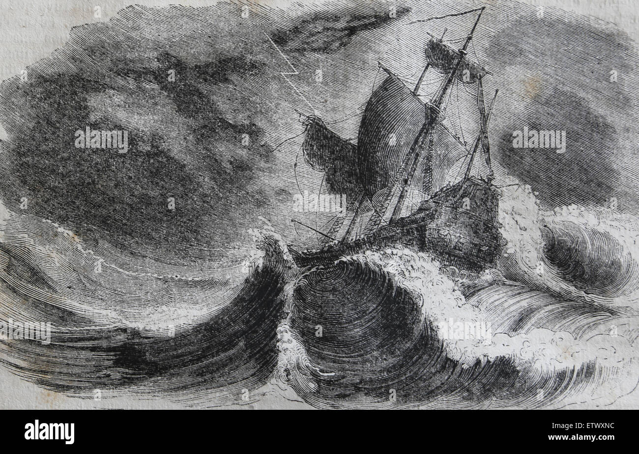 Christopher Columbus (1450-1506). Explorer, navigation. Discoverer of the New World. Storm, coast of Honduras. Engraving. 19th c Stock Photo