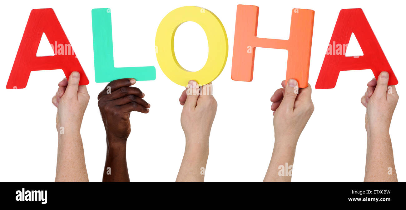Multi ethnic group of people holding the word Aloha isolated Stock Photo